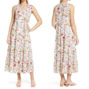 Nordstrom Caslon Floral Print Sleeveless Maxi Dress‎ Large Tie Neck Boho Fairy